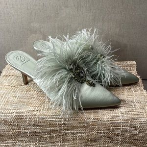 Tory Burch Ostrich Feather Garden Sage Mule